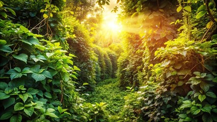 Dense thicket of bushes and vines with sunlight filtering through, vines, foliage, wilderness, dense vegetation