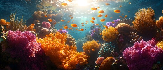 Naklejka premium Breathtaking underwater scene showcasing vibrant coral reefs teeming with colorful fish, illuminated by sun rays penetrating the clear blue water.