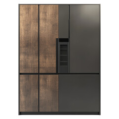 A large black and brown refrigerator with a wood finish isolated on transparent or white background, png