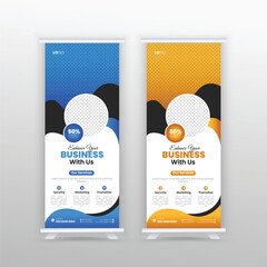 Business Roll Up Banner. corporate Roll up background for Presentation. geometric triangle and exhibition ads pull up design x-banner design template.