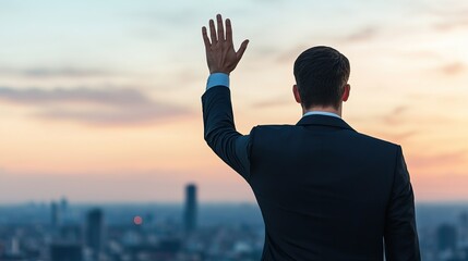 Fototapeta premium A man in a suit waves goodbye against a sunset backdrop, overlooking a city skyline, symbolizing farewell and new beginnings.