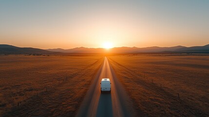 A lone van travels down an open road towards a sunset, surrounded by vast fields and mountains, evoking a sense of adventure and freedom.