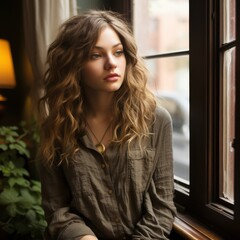 Fototapeta premium A woman with long brown hair is sitting in front of a window. Generative AI