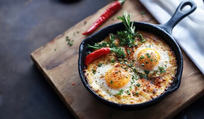 fried eggs with vegetables in a frying pan, with herbs and pepper. dark background.