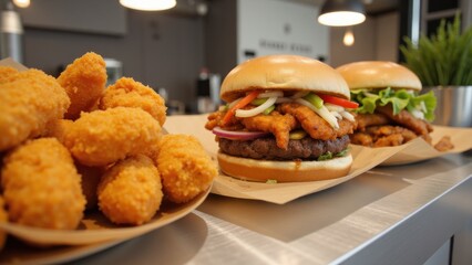 Two burgers and fried chicken are on a table