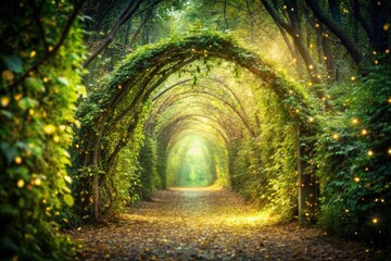 Enchanted forest arch passage tunnel with glittering leaves, depth of field