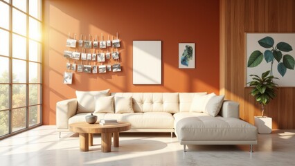 A living room with an orange wall and white furniture