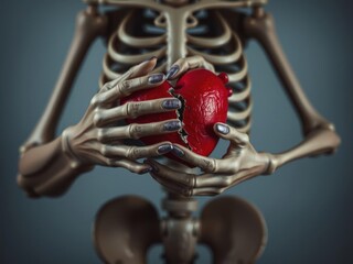 Hand skeleton holding a torn heart symbolizing the pain of lost love, medical, body