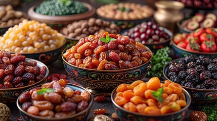 Obraz premium Dishes dates dried fruits and fresh almond.