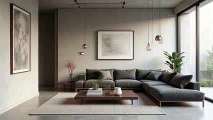 A modern living room with grey furniture and large windows