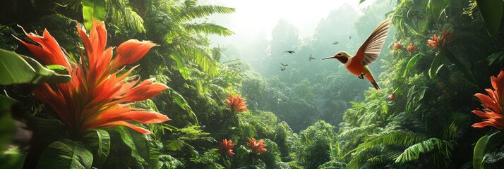 A hummingbird in flight with vibrant red flowers in a tropical forest.