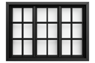 A black window with three panes of glass isolated on transparent or white background, png