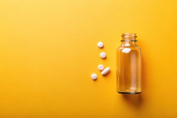 Flat lay composition of a bottle and pill on color background