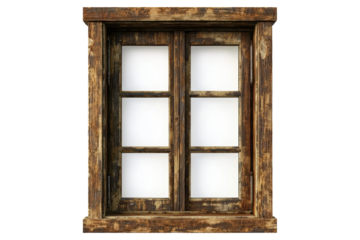 A window with six panes of glass and a wooden frame isolated on transparent or white background, png
