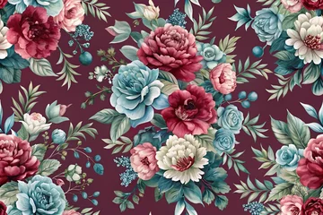Fotobehang Floral print in maroon and grey blue seamless watercolor pattern © Hugnaka