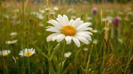 A white daisy in a field of wildflowers, standing out in its simplicity and purity