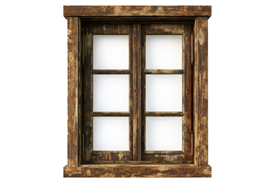 A window with six panes of glass and a wooden frame isolated on transparent or white background, png