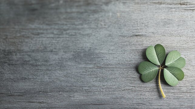 A single four-leaf clover rests on a wooden surface, symbolizing good luck and fortune with its vibrant green color.