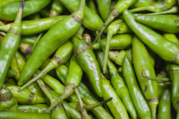Abstract background of green chili peppers close up