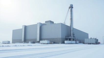 A large industrial building in the snow