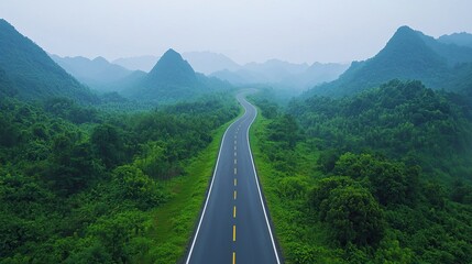 A winding road through lush green mountains shrouded in mist, creating a serene and picturesque landscape.