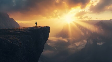 Lone Hiker Standing at Cliff Edge Overlooking Dramatic Mountain Sunrise Landscape