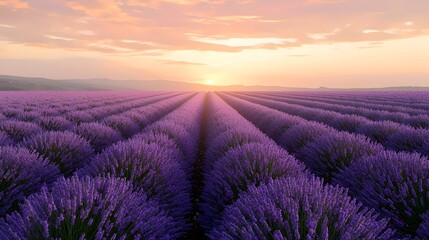 Obraz premium A vibrant lavender field at sunset, showcasing rows of lush purple blooms with a warm golden sky in the background, creating a tranquil and serene atmosphere.