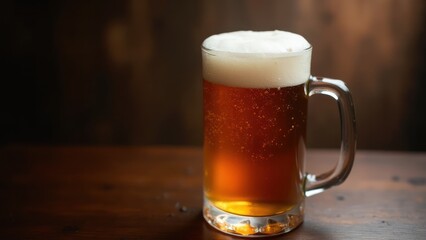 A mug of beer with foam sitting on the table