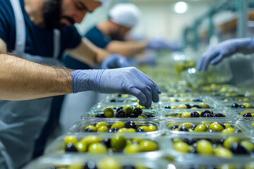 Workers with gloves sorting olives into containers on an olive processing production line