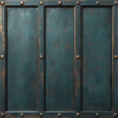 Fototapeta premium A textured, weathered blue metal panel with rivets and a rustic finish.