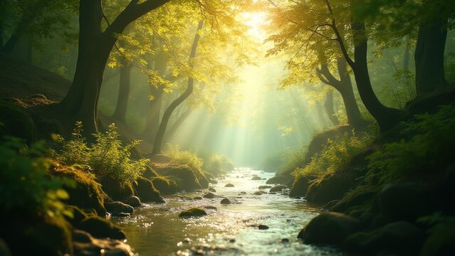 The sun is shining on a stream in the forest