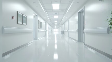 An empty hospital corridor, spotless and clean, with bright lights and white walls, creating a serene and quiet atmosphere.