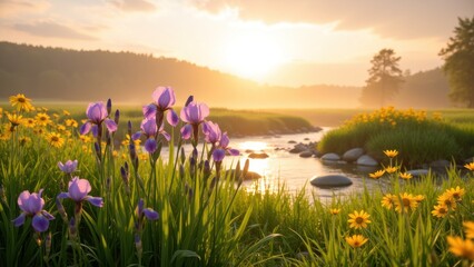 Irises are blooming in the grass near a river
