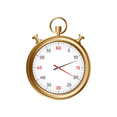 3d vector realistic simple classic golden stopwatch icon. Isolated on a white background. Sport equipment timer measurement. Showing start and finish running and exercise. Metal chronometer