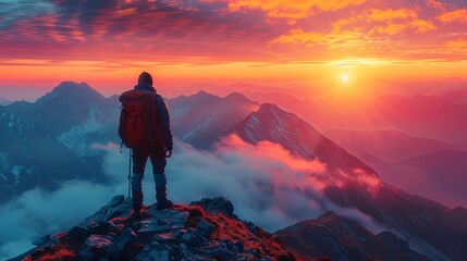 Fototapeta premium A hiker stands at the top of a mountain, watching the sunrise paint the sky with shades of pink and orange. The valley below is covered in mist, and the hiker takes a deep breath, feeling on top of th