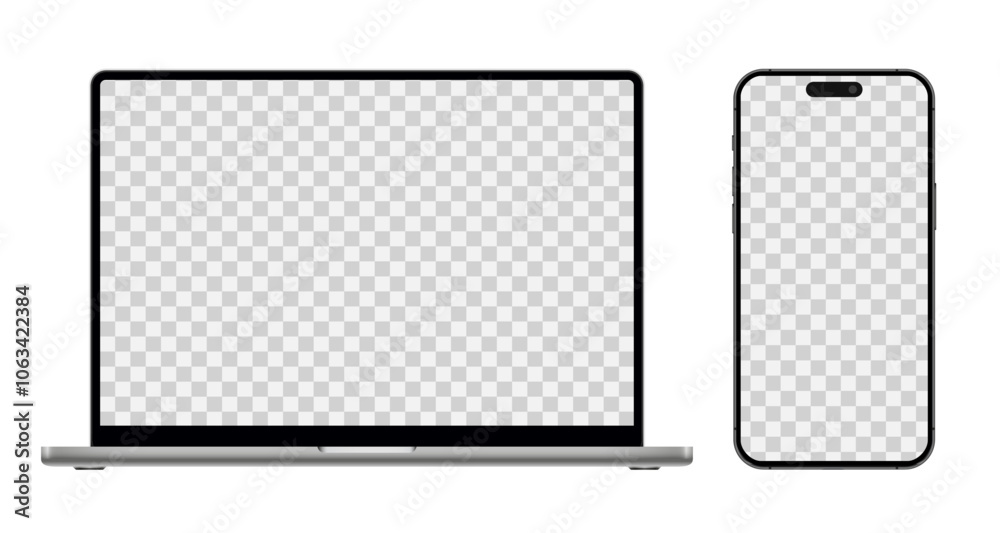 Aufkleber Laptop computer and smartphone with blank screen, modern mobile phone and pc device mockup with empty display for ui, ux, app, website, devices on transparent background