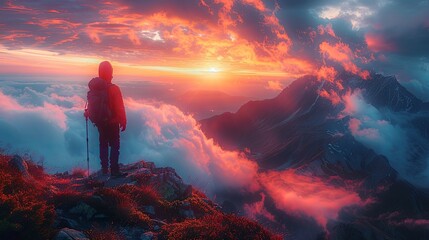 Fototapeta premium A hiker stands at the top of a mountain, watching the sunrise paint the sky with shades of pink and orange. The valley below is covered in mist, and the hiker takes a deep breath, feeling on top of th