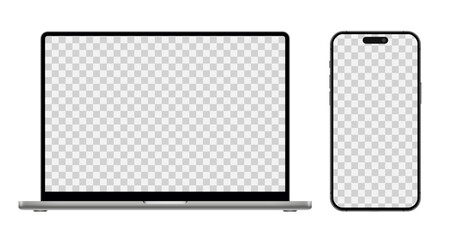 Laptop computer and smartphone with blank screen, modern mobile phone and pc device mockup with empty display for ui, ux, app, website, devices on transparent background