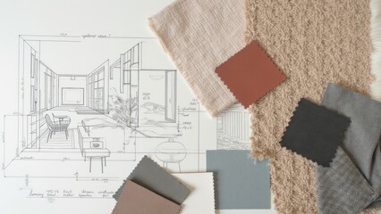 A room with furniture, paint, and swatches of color
