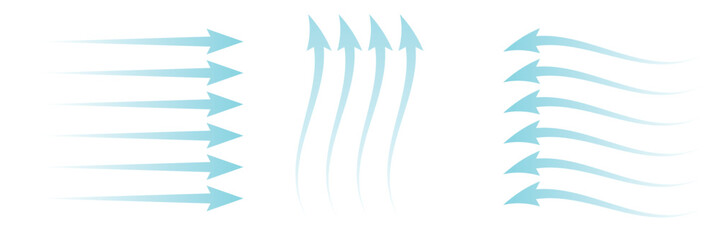 Air flow. Blue arrows showing direction of air movement. Wind direction arrows. Blue cold fresh stream from the conditioner. isolated on white background. Vector illustration . EPS 10
