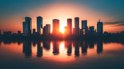 Obraz premium A city skyline silhouetted against a brilliant sunrise,