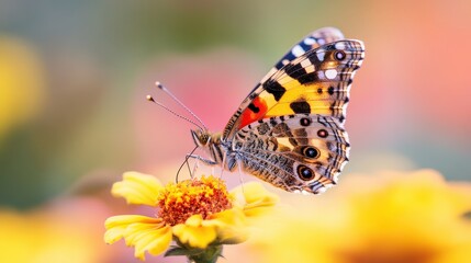 Fototapeta premium A Painted Lady Butterfly Perched on a Yellow Flower