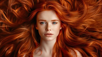 Obraz premium Beautiful red-haired woman with long, shiny, wavy hair, perfect for fashion, beauty