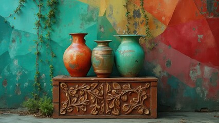Three vases are sitting on a wooden box