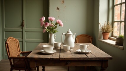 A table is set with tea and flowers