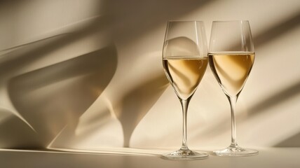 Delicate and abstract New Year's Eve scene with champagne glasses in soft lighting, showcasing elegance and muted tones. Christmas, New Year's Eve