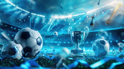 Naklejka premium Blue-themed sports banner with stadium, trophy, and sports icons, ideal for promoting tournaments,