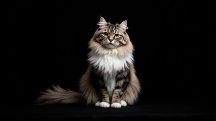 Grey and white Maine Coon cat set against a dark background, showcasing its soft fur and regal features