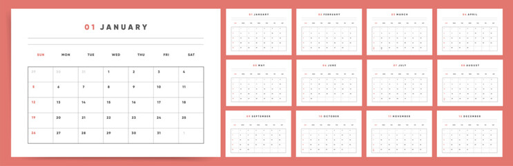 Professional Office 2025 Calendar Vector, Sunday Start, Simple Design, Planner for 2025 year.