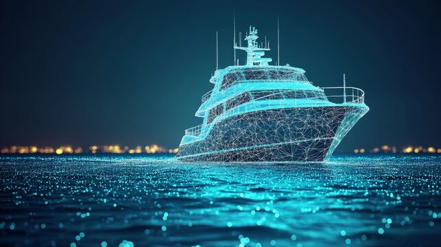 Futuristic Yacht Hologram, Shipbuilding Visualization, Augmented Reality Navigation Concept - Powered by Adobe